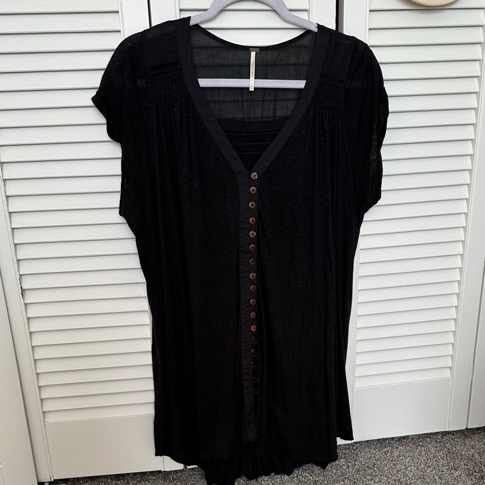 Free People Black V-Neck Button-Down Tunic